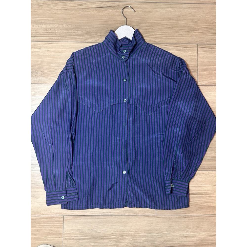 Mondi Striped Satin Button Shirt Size 36 Vintage Viscoe High Neck Elegant Blouse